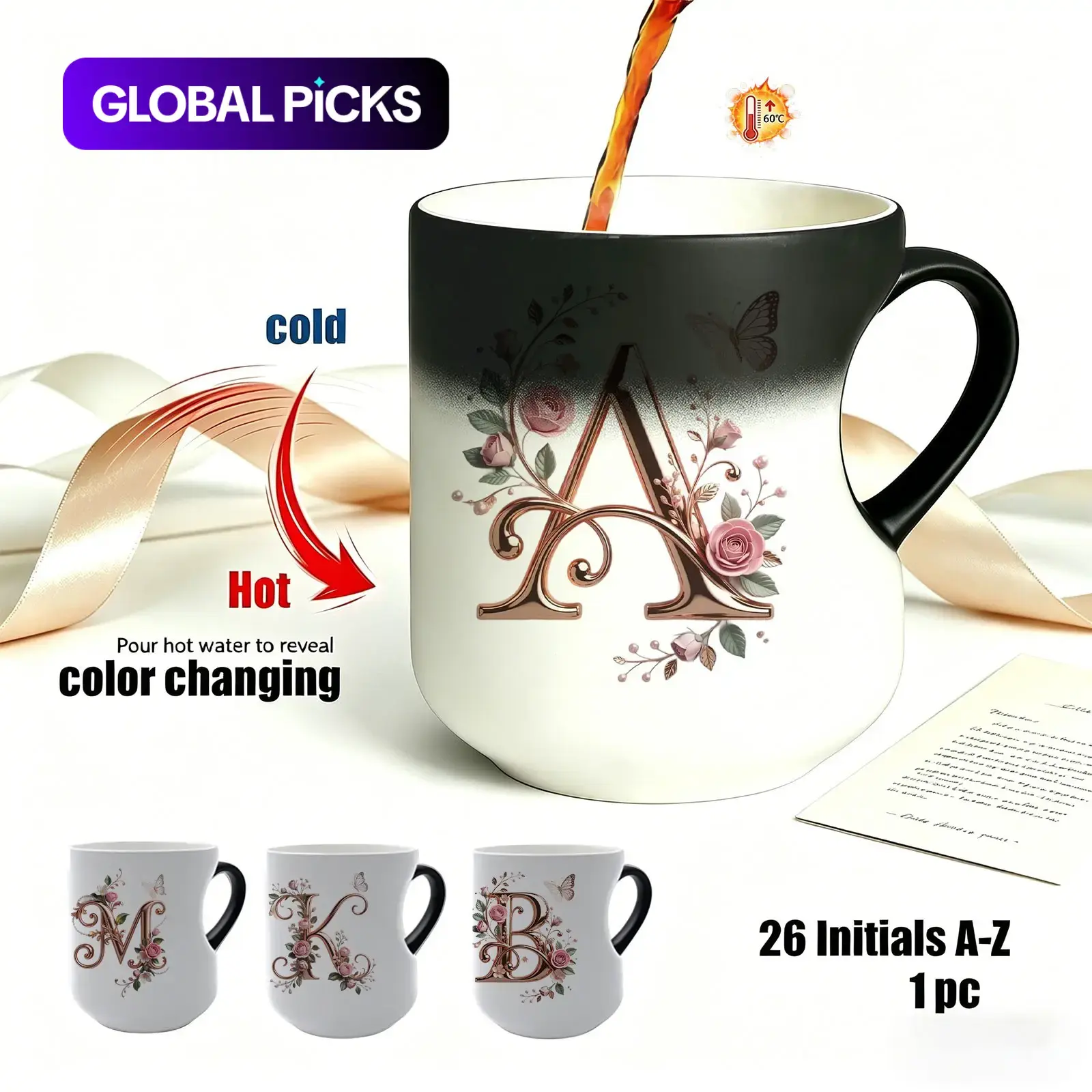 Elegant Rose Gold Floral Initial Color Changing Ceramic Printed Drinkware Coffee Mug, Heat Sensitive Magic Coffee Cup, Unique Personalized Gift for Friends & Family, Ceramic Cups, Ceramic Mugs