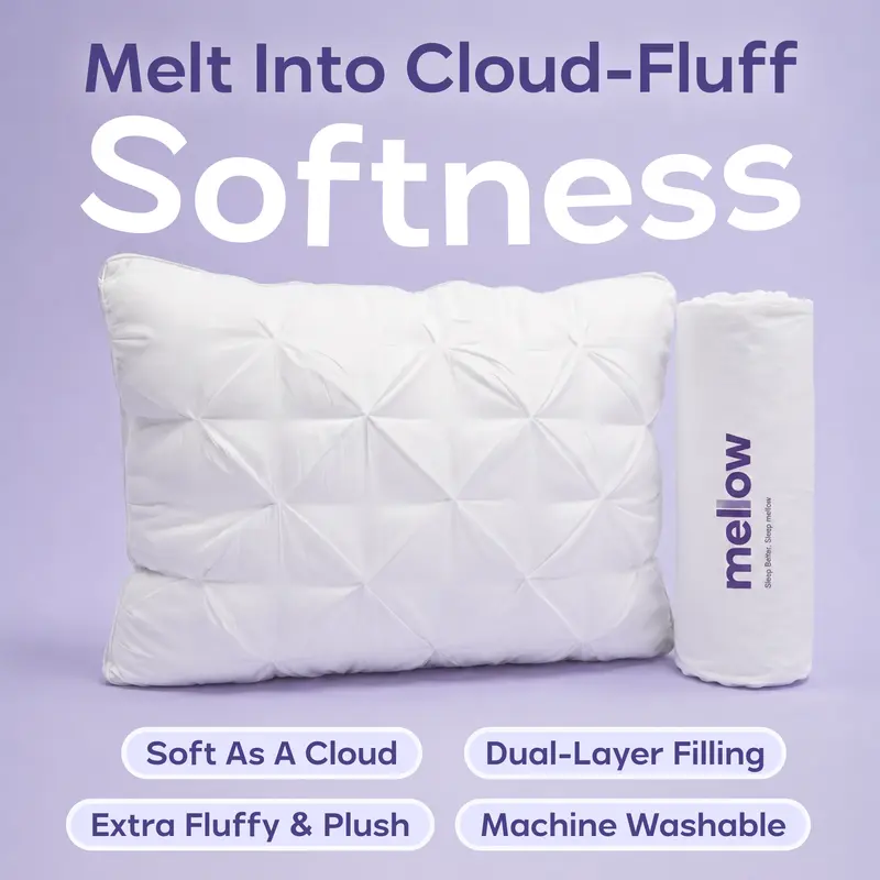 Mellow Sleep Ploof Pillow, Extra-Fluffy Dual-Layer Bed Pillow with Breathable Support, Machine Washable, for Side, Back and Stomach Sleepers