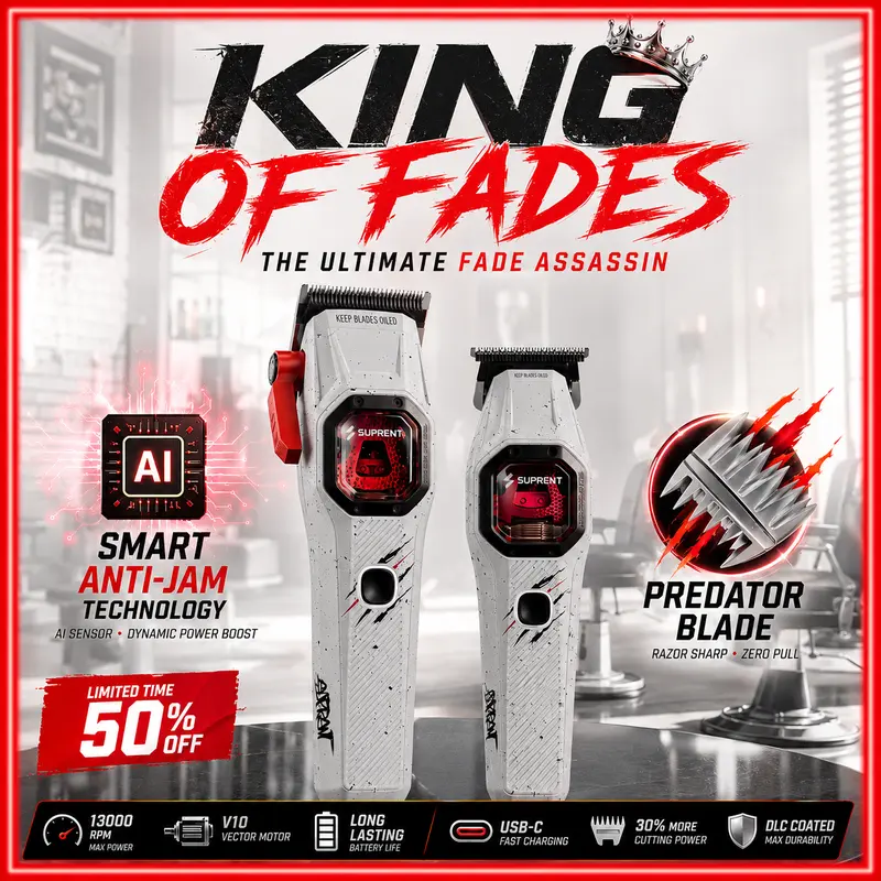 SUPRENT Men's Professional Hair Clipper and Trimmer Kit with V10 Motor, DLC Blades, Precision Fade, Snag-Free Cutting and Built-In LED Light