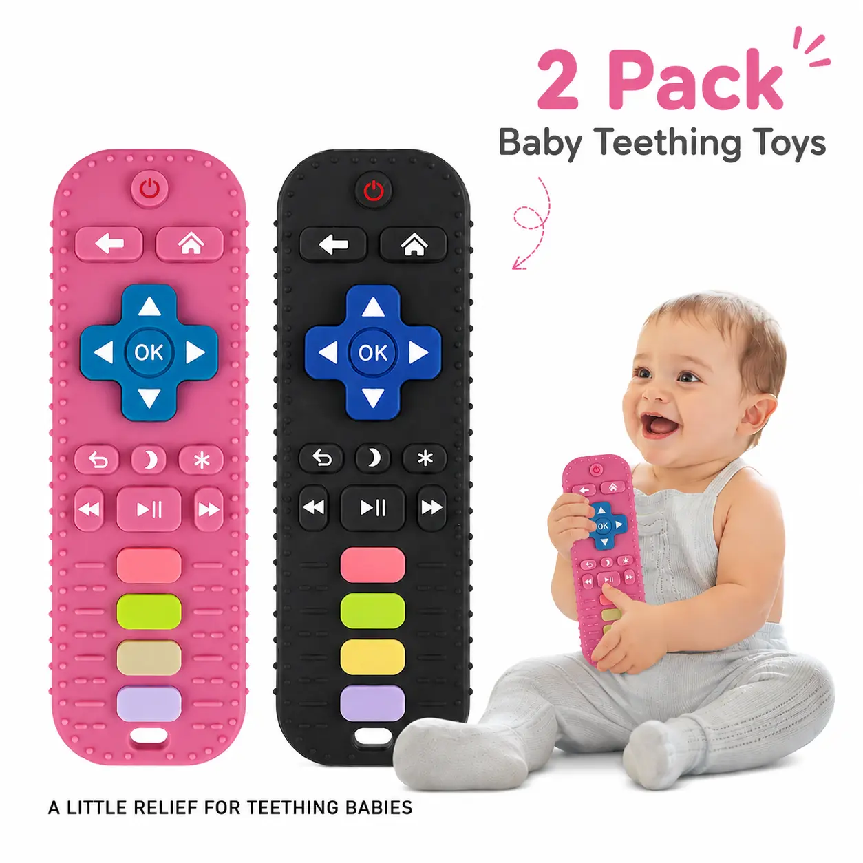 Baby Remote Control Teether Set, 2-Pack BPA-Free Non-Toxic Silicone Sensory Teether for 0-2 Years with Textured Gum Relief, Dishwasher-Safe Cordless Early Oral Care Item, Gift for Baby, Nephew