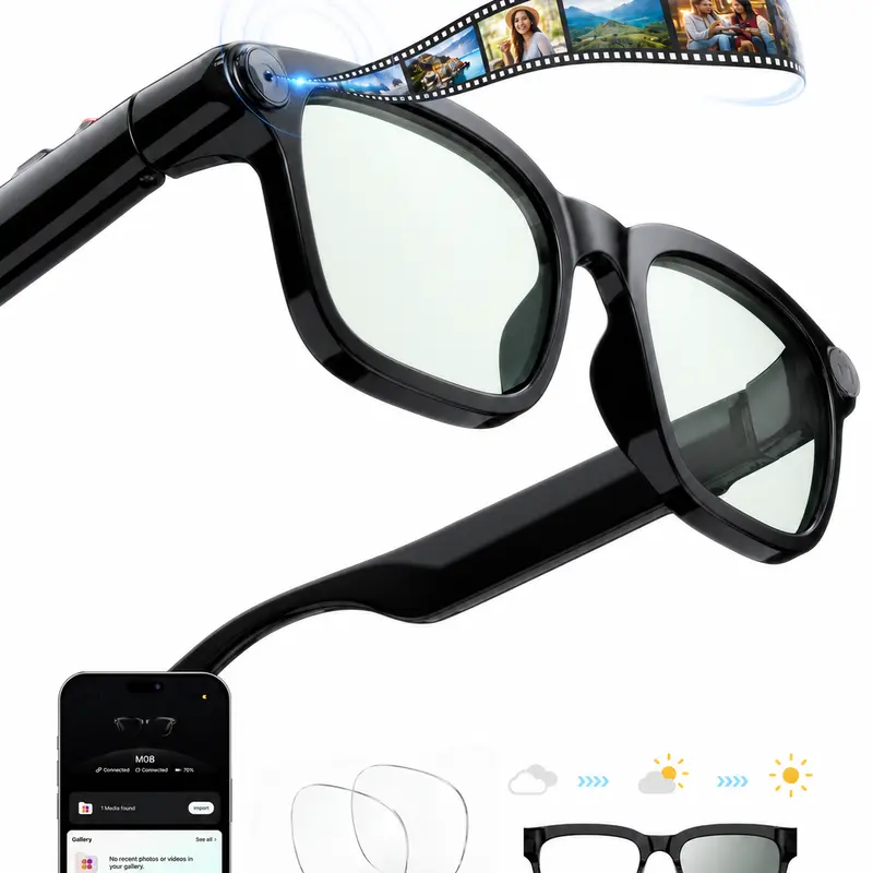 Classic AI Wearable Recording Glasses - 8MP Digital Camera Eyewear with Photochromic Lenses, Hands-Free Vlog Photo & Video Capture, Realtime Trans, Wireless Smart Audio, Phone Sync, Privacy Light, Batteries, Glasses Cleaning Cloth for Travellers & Cycling