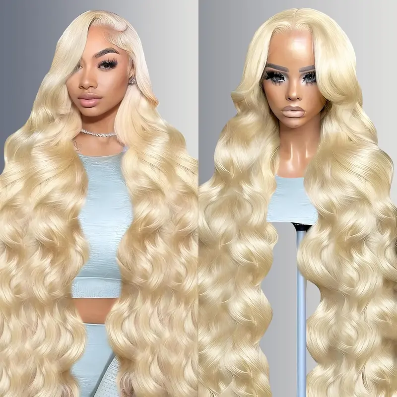 Perruque blonde ZYTLQGS 613 en cheveux humains, 30 pouces à 70 $, lace front HD 13x6, ondulations body wave, densité 180, ligne frontale préépilée pour femme