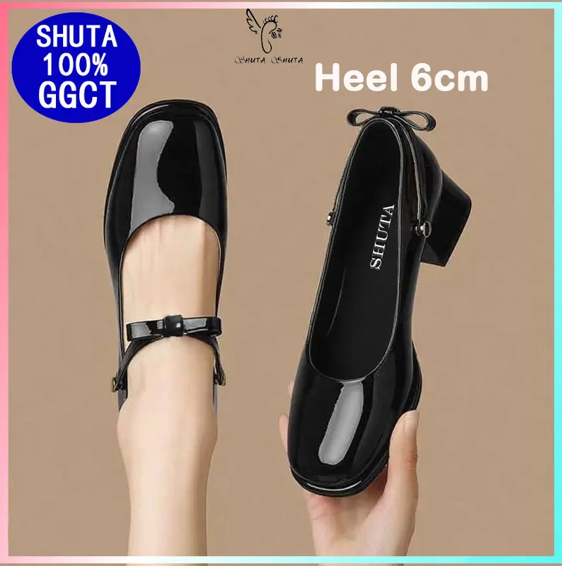 SHUTA Women's Shiny Black Slip-On Shoes with 2-Inch Heels for School and Office