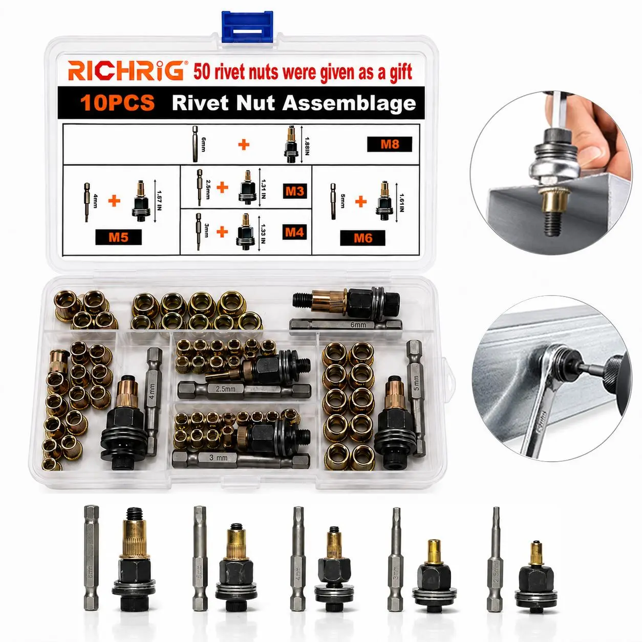 Herramienta para tuercas remachables M3, M4, M5, M6 y M8, kit Rivnut de acero al carbono para reparación automotriz