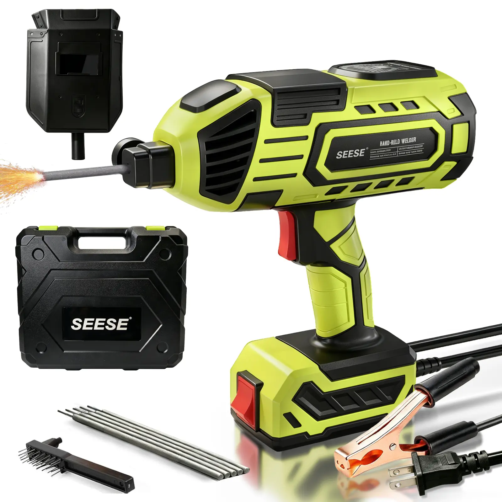 Soldadora eléctrica portátil SEESE de 110 V con enchufe (no funciona con batería), soldadora manual con inversor IGBT, 5 niveles de corriente ajustables y pistola de soldadura ARC, compatible con electrodos de 3/32" (verde)