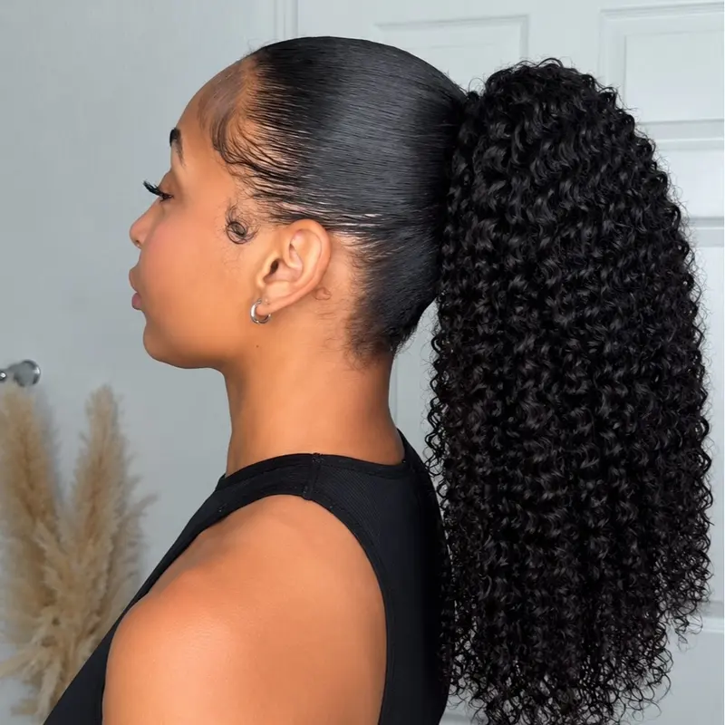 Arabella 100% Virgin Human Hair Glueless Ponytail, 250% Density, Afro Kinky, Burmese Curly or Yaki Straight with Finger Curls, Beginner-Friendly, 18 in
