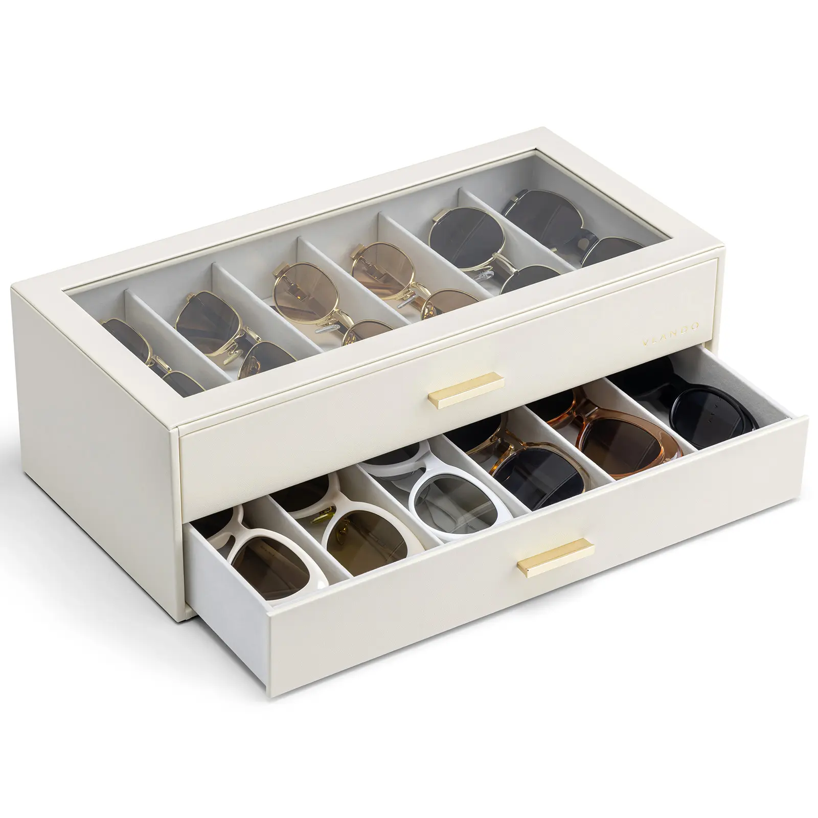 VLANDO 12-Grid Sunglasses Organizer Case, 12-Slot Eyewear Storage Box with Clear Lid and 2 Drawers, PU Leather Holder for Women and Men