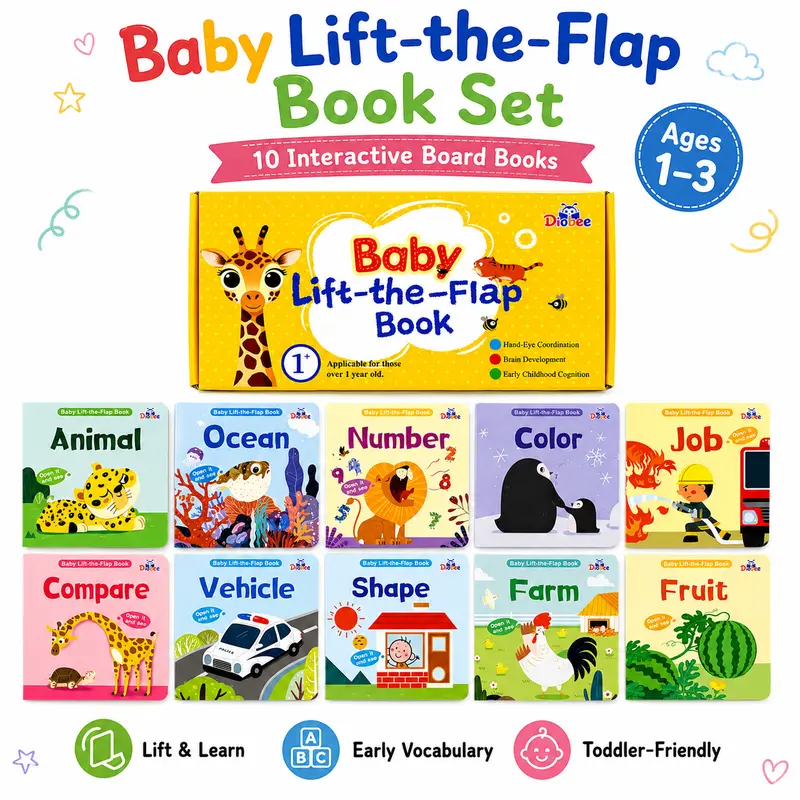 Diobee Peek & Learn Lift-the-Flap Board Book Set, 10 Interactive Topic Pages with Pull-Out Sliders, Ages 1+