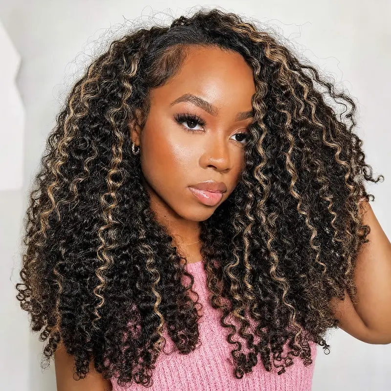 OQ HAIR Burmese curly human hair half wig, P1B/30, 3-in-1 seamless flip-over glueless drawstring design for women