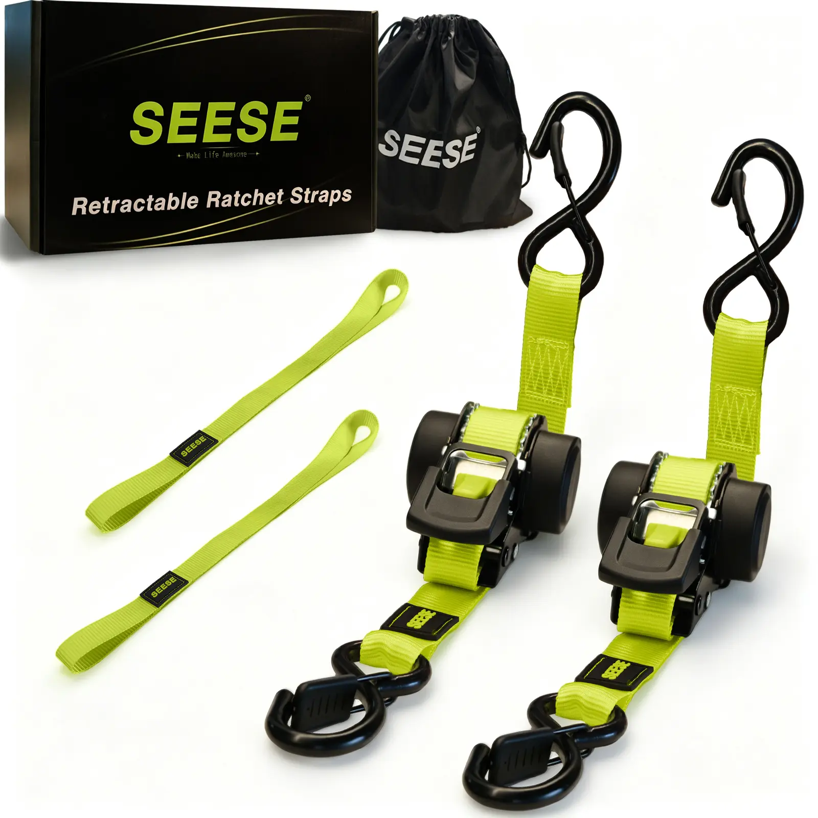 Sangles d’arrimage à cliquet SEESE 2,54 cm x 3,35 m, résistance à la rupture 703 kg, pour électroménager, matériel de jardin et moto, vertes