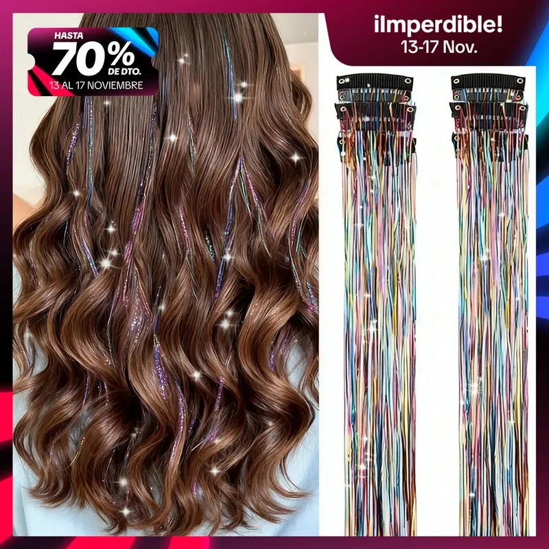 6-Piece Hair Tinsel Kit, 20-Inch Colourful Heat-Resistant Clip-In Sparkle Extensions for Women and Girls, Party Hair Accessories, Ad-A
