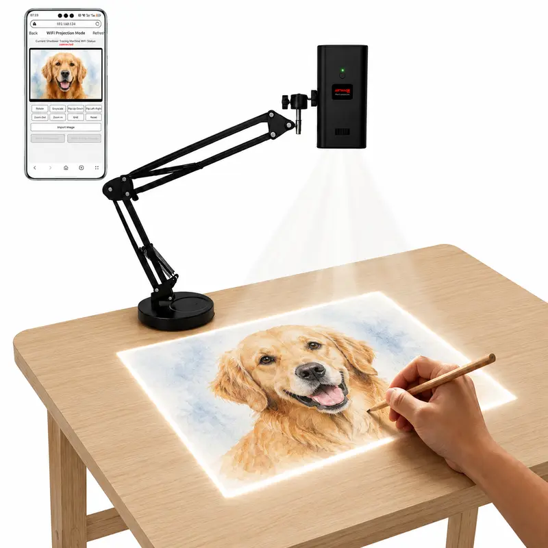 Art Tracing Projector with 360° Adjustable Mechanical Arm - Wireless Type-C Tabletop Tool, Angle Locking 5G Digital Device for Beginners, Home Use DIY Art & Artsupplies