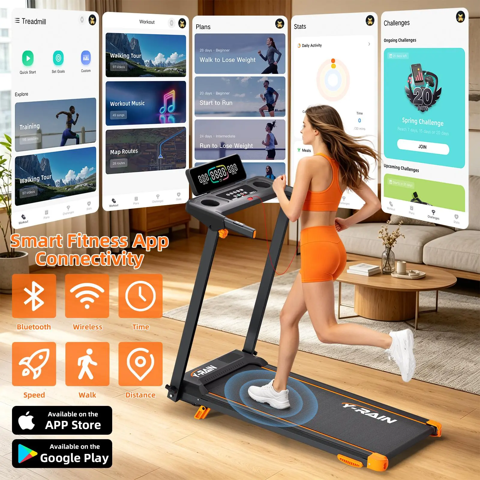 5-in-1 Folding Treadmill and Walking Pad with App, DIY Goals, Virtual Routes, Incline, Cushioned Belt, HD Display and 330 lbs Capacity
