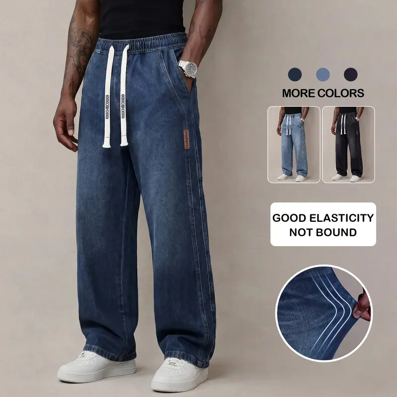 Men’s autumn denim jeans – comfortable cotton fabric with slight stretch, trendy thick design, loose fit for everyday wear; long denim pants with drawstring elastic waistband, men’s style.