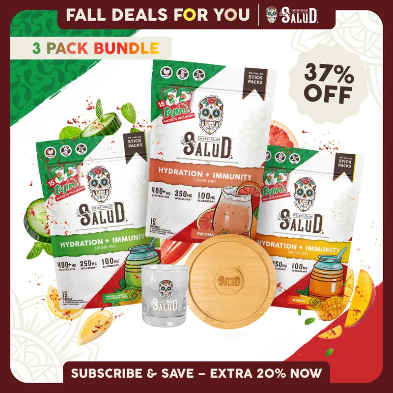 Salud x Tajín 2-in-1 Hydration + Immunity Electrolyte Powder, Agua Fresca Drink Mix with Elderberry, Dairy- and Soy-Free, Non-GMO, Gluten-Free, Vegan, 1 g Sugar, 15 Servings