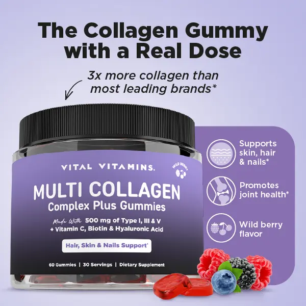 Vital Vitamins Multi Collagen Complex Plus Gummies, 500 mg Types I, III and V Collagen with Hyaluronic Acid, Biotin, Vitamins C and D, Wild Berry, 60 Gummies