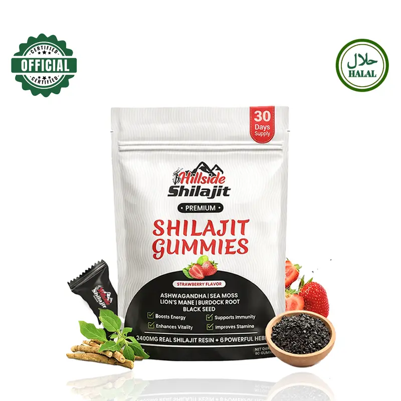 Hillside Shilajit Premium Gummies Rasa Strawberi dengan Ashwagandha & Akar Burdock - 60 Gummy Vegan - Tiada Gula Tambahan - 30 Hari Jaminan - Suplemen Tenaga Herba - Edible Health Supplements
