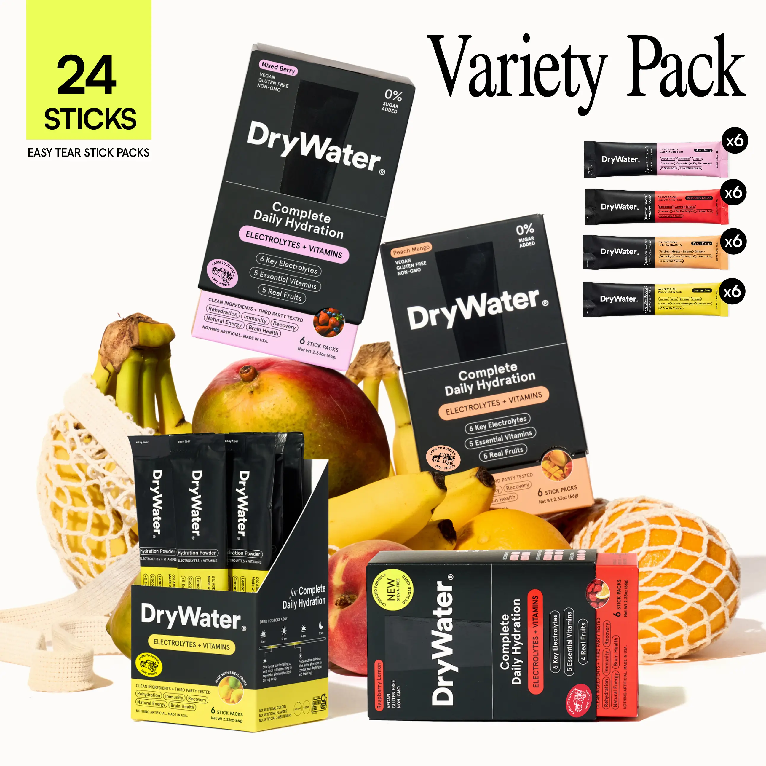 DryWater バラエティパック｜毎日の水分補給用パウダーパケット｜カリウム1,000mg｜リアルフルーツ使用｜人工添加物不使用｜砂糖無添加｜クリーン＆テスト済み（24スティック）