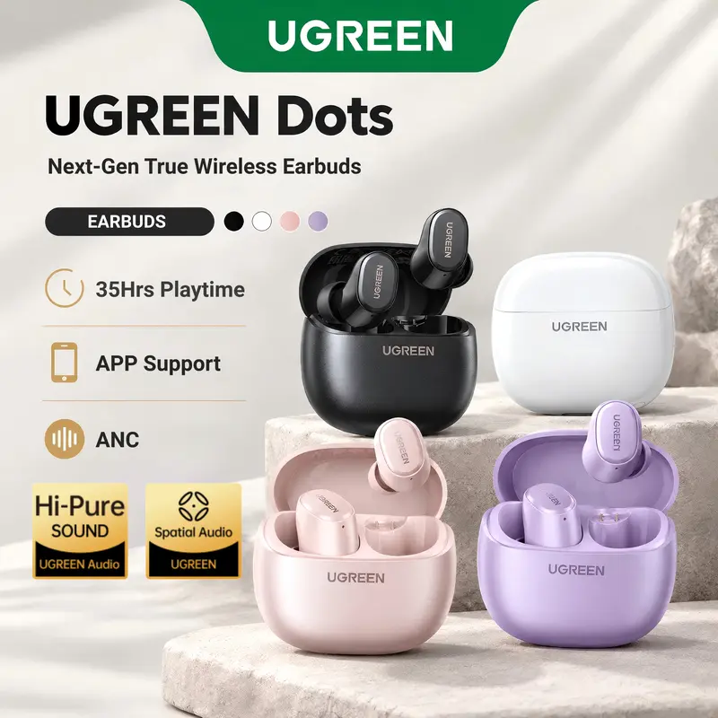 UGREEN Dots Wireless Earbuds Hi-Pure Sound Bluetooth 6.0 35H Hours Play Time Earphones 2-Mic TWS 80ms Super Low Latency for Gaming AI Noise Cancellation Smart App Support SKU: 75627