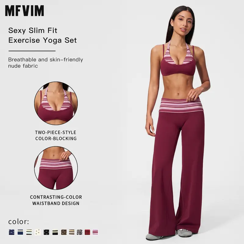 MFVIM women’s halter yoga set — breathable “naked feel” fitness bra and high waisted wide leg athletic pants, two piece slim fit training workout apparel,back to school,back to school haul,sohochic