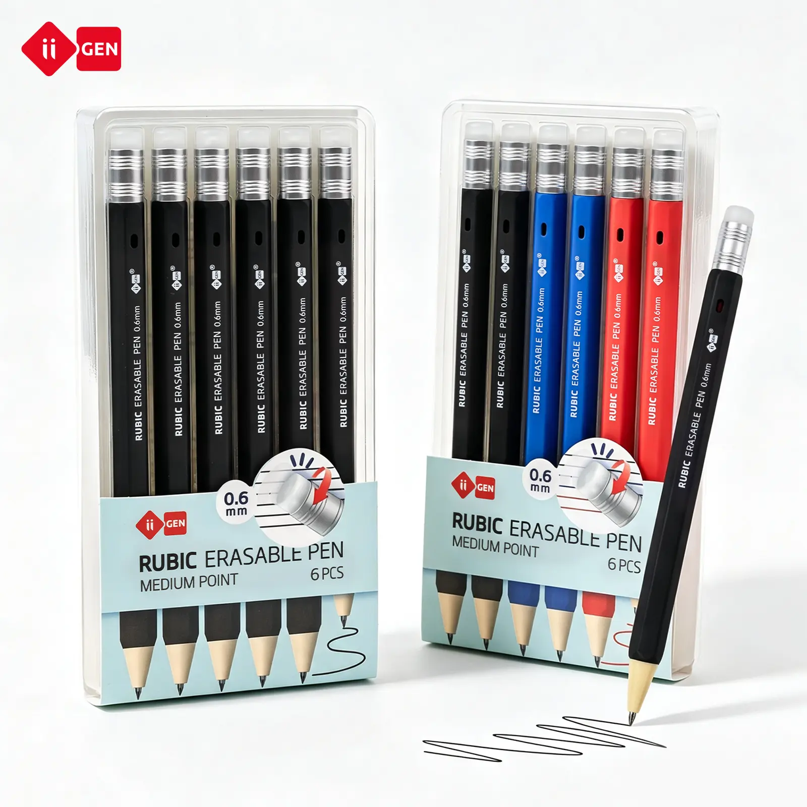 Set Pulpen Gel yang Bisa Dihapus iiGEN RUBIC 0.6mm Mata Pena Sedang (6-Pack) - Tinta Halus, Cepat Kering, dan Dapat Digunakan Kembali, untuk Mahasiswa, Mencatat, Kembali ke Sekolah, dan Alat Tulis Kantor, Warna Hitam 6-Pack