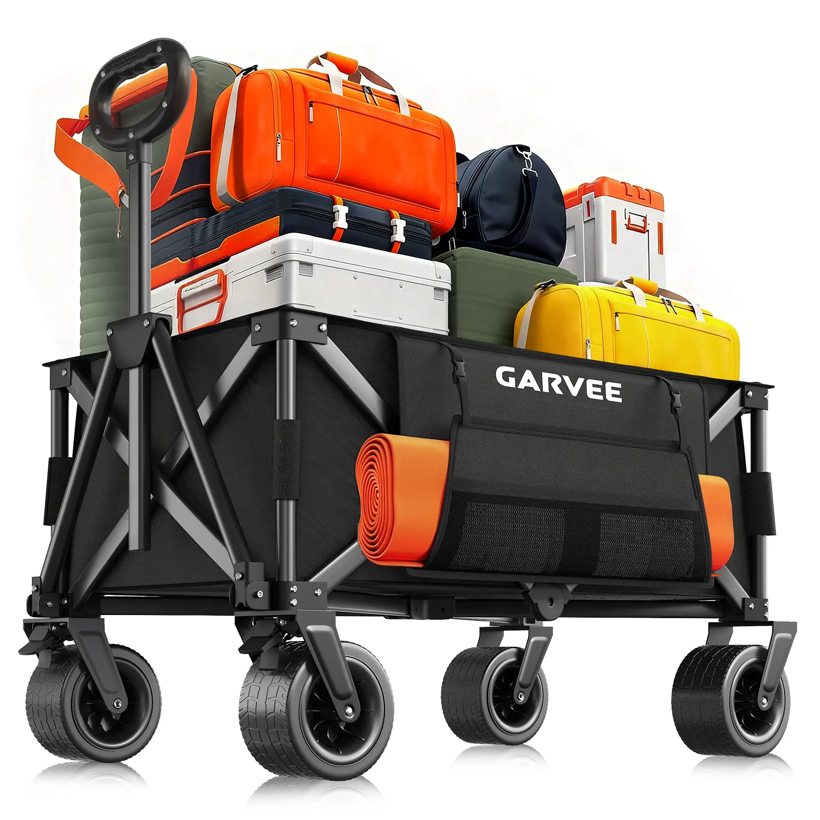 Chariot de plage pliable renforcé en tissu Oxford 600D, poignée réglable, roues et grande capacité de 200 L, pour jardin et sorties à la plage, dimensions en pouces/cm