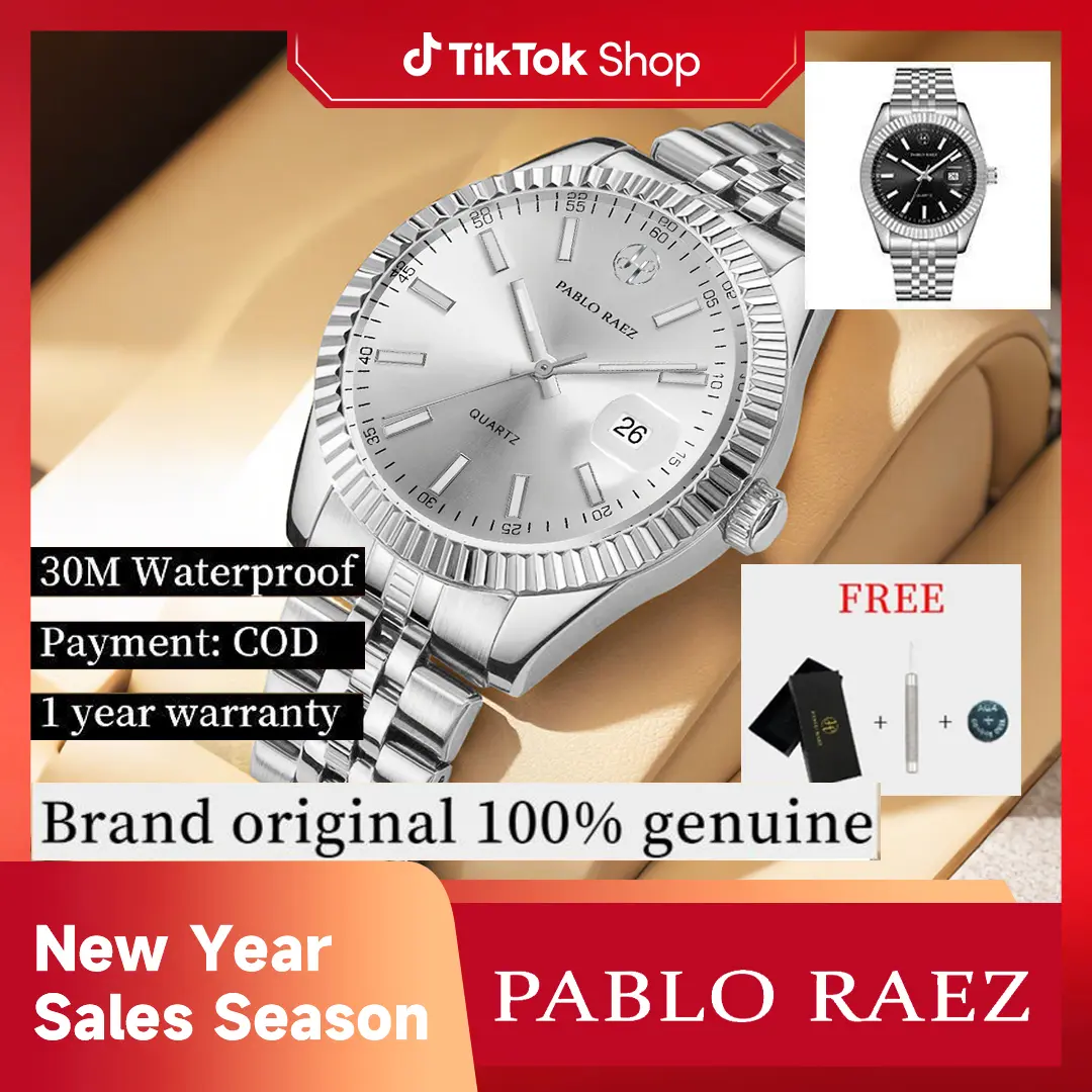 PABLO RAEZ 2766 Montre à quartz originale pour homme, étanche, lumineuse, avec calendrier et bracelet en acier inoxydable, style professionnel