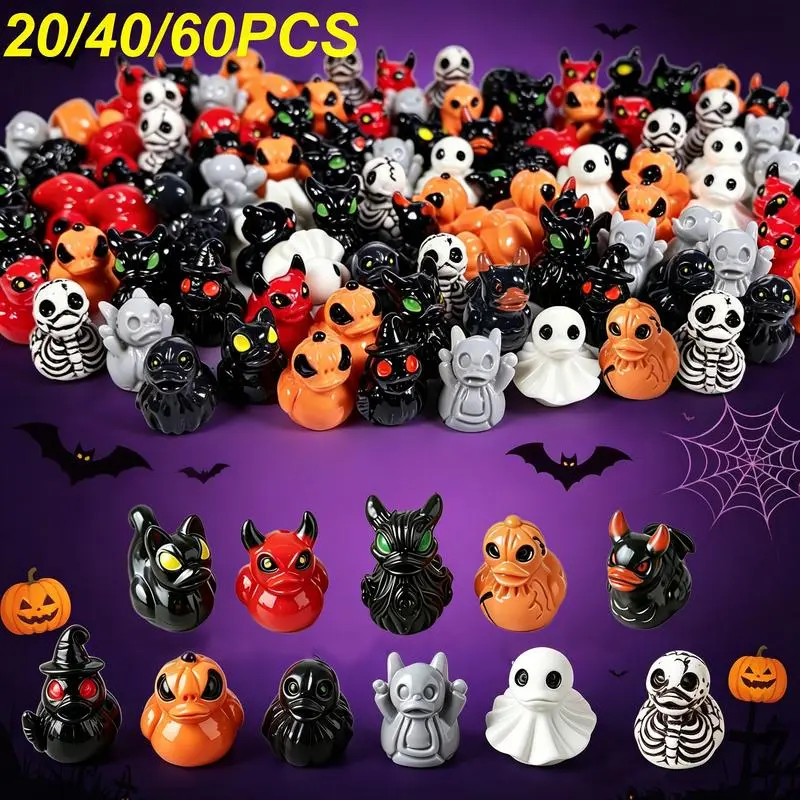 60 Mini-Entchen aus Kunstharz mit Teufel-, Geist- und Totenkopfdesign – niedliche Gruseldeko für Schreibtisch, Minigarten und Zuhause, Halloween- und Weihnachtsdekoration, Partygeschenk