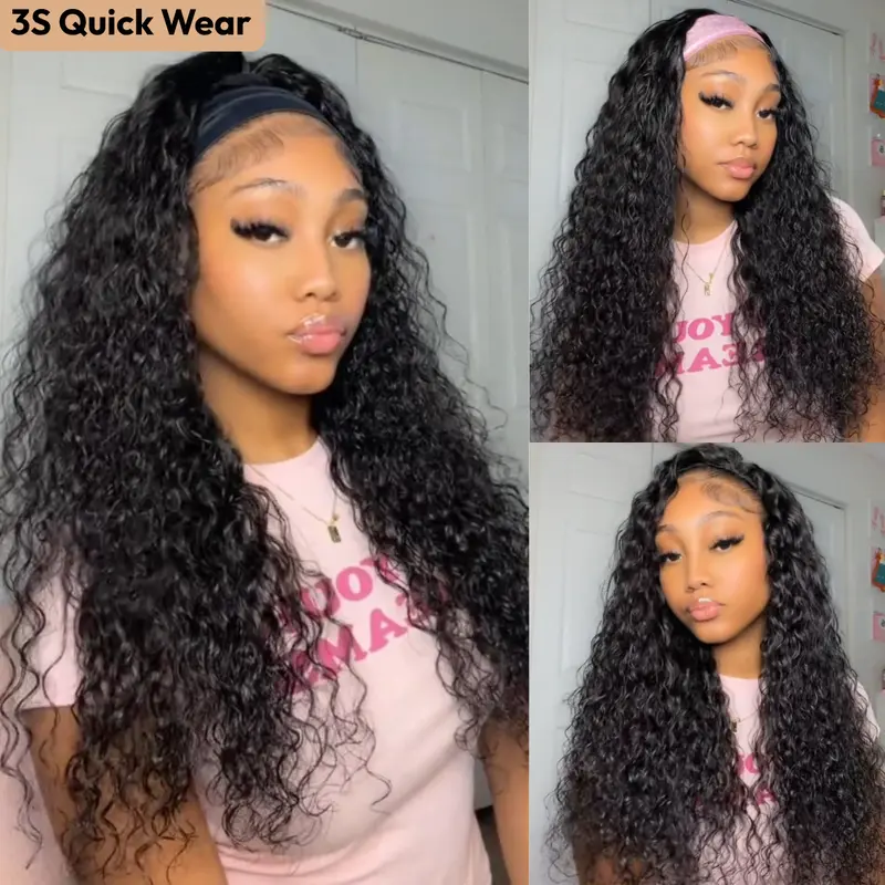 UNice Pre-Zipped Water Wave Detachable Headband Wig, 2-in-1 Half Wig with Drawstring and Velcro, 3S Quick Wear