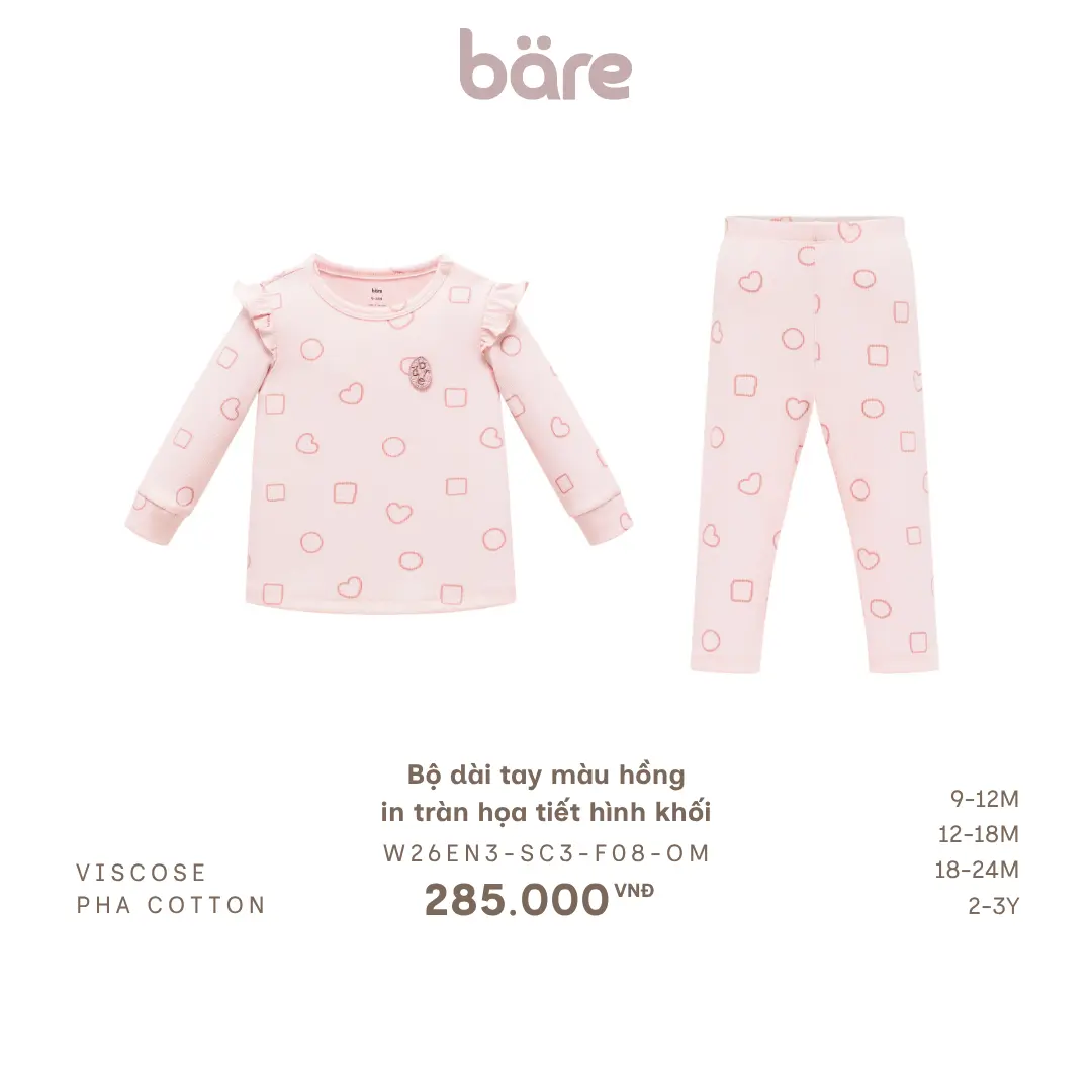 [KOL Bare] 여아용 핑크 올오버 기하학 패턴 긴팔 세트, 9개월~3세용 (8.5-15kg), BST T8