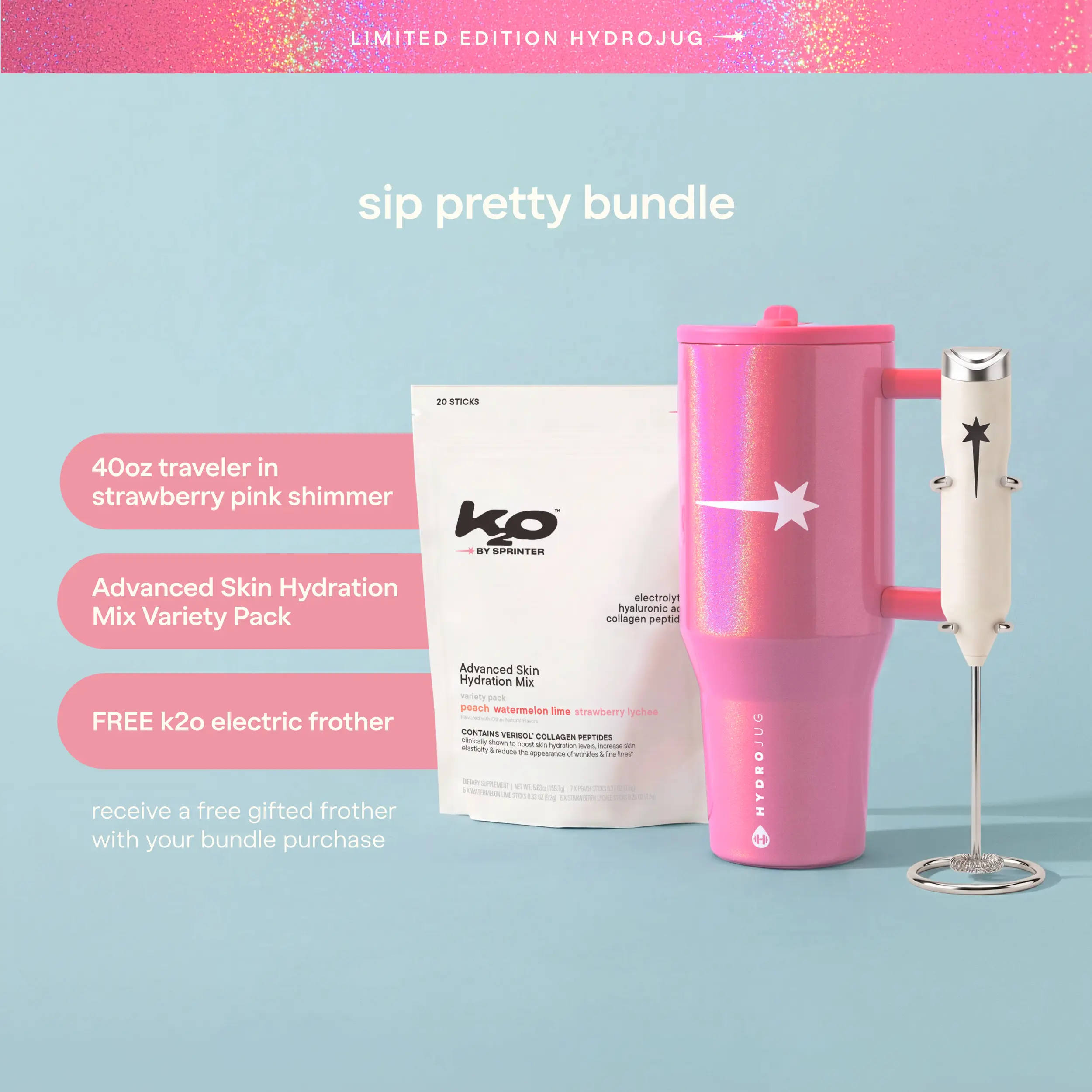 k2o x HydroJug Traveler, Strawberry Pink Shimmer, 40 oz