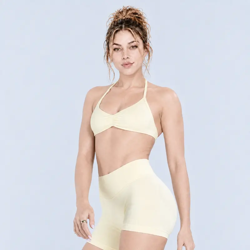 DF Impact Women’s 2-Piece Halter Workout Set - Sleeveless Quick Dry Ruched Front Backless Sports Bra, High Waist Sculpting Above Knee Female Fit Gym Yoga Outfit, Women's Workout Sets, Sleeveless Top