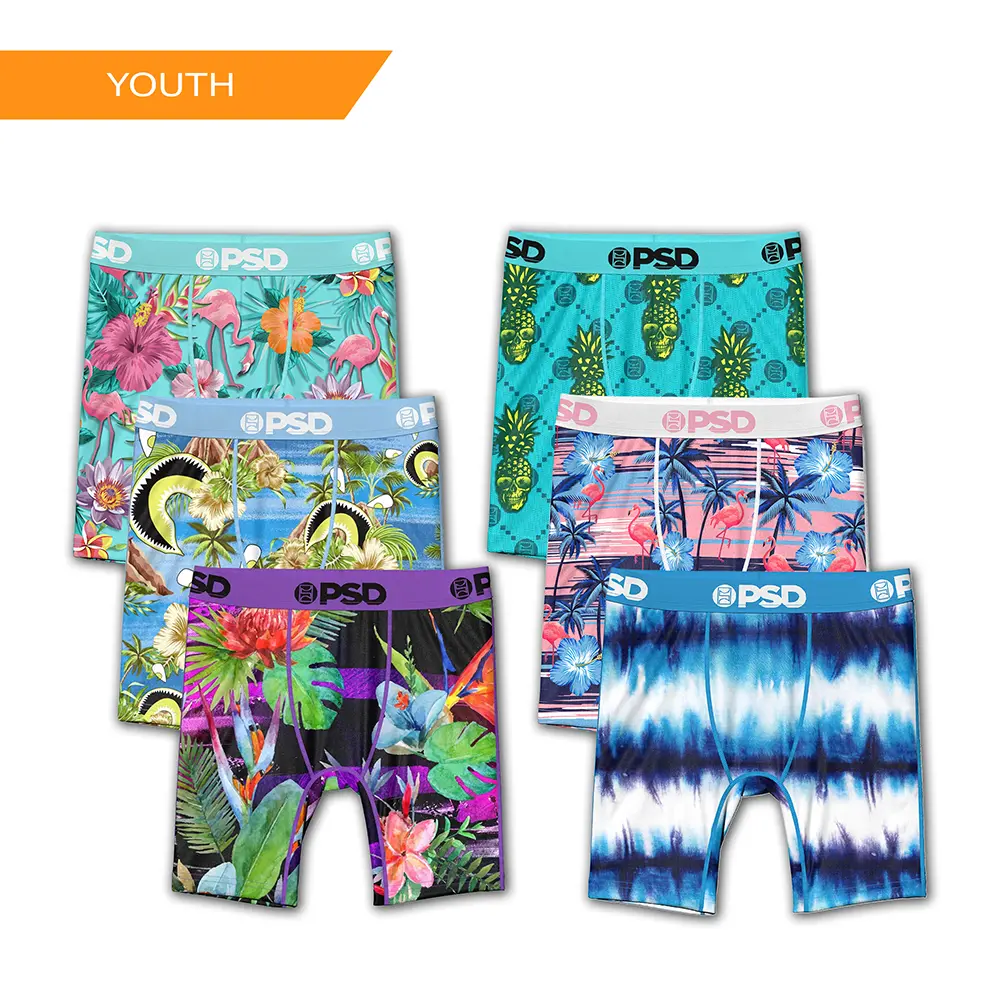 Bộ 6 quần boxer nam trẻ em PSD Youth Boys họa tiết nhiệt đới – đồ lót mềm, thoáng khí, co giãn và thoải mái