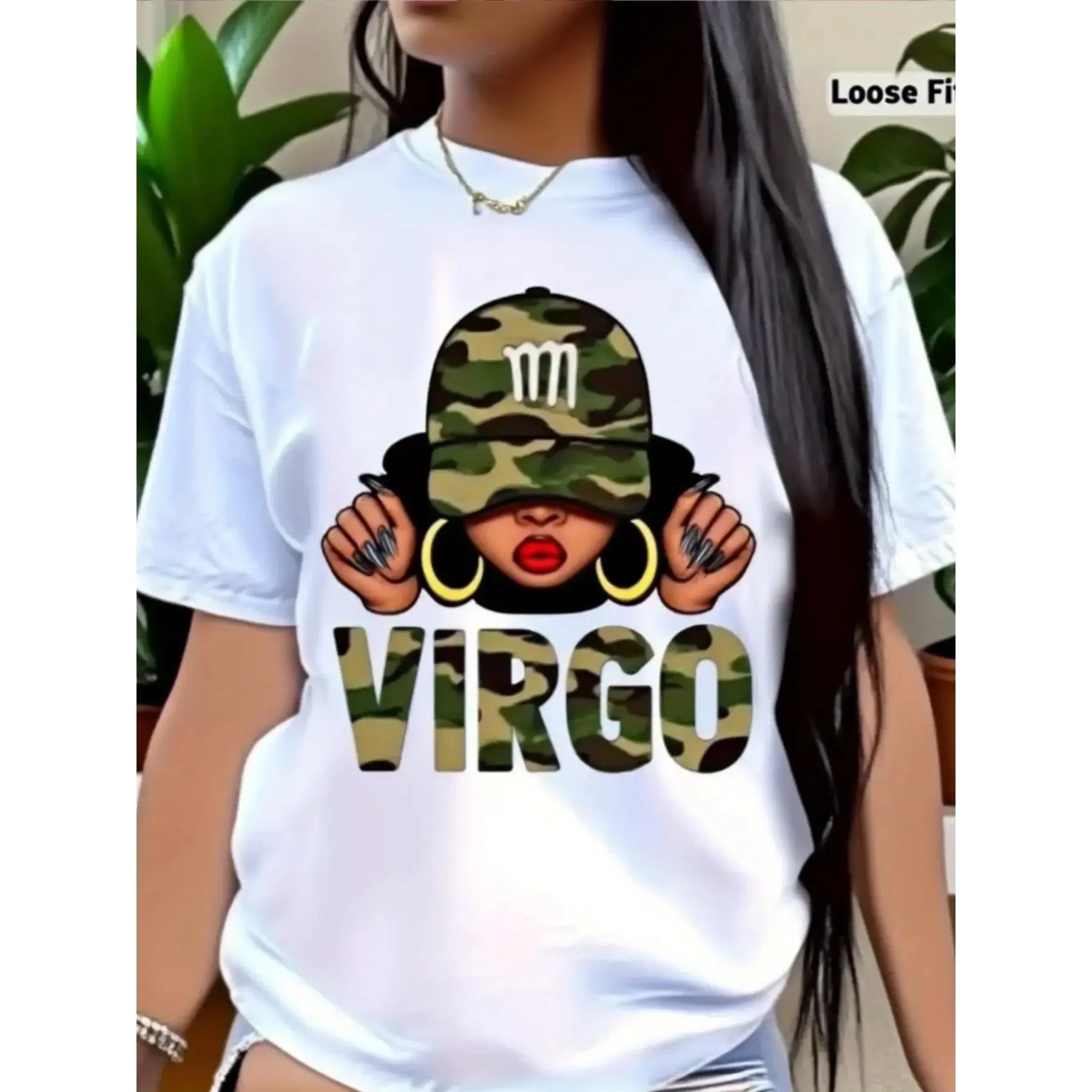 Camiseta blanca de manga corta para mujer con estampado Virgo, cuello redondo, tejido suave y elástico, lavable a máquina y apta para todas las estaciones