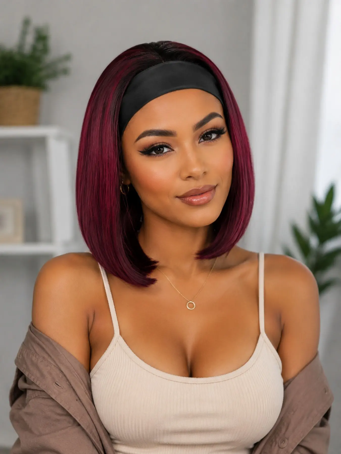 Tóc giả bob kèm băng đô màu đỏ burgundy cho nữ, tóc tổng hợp ngắn thẳng, không cần keo, vẻ tự nhiên, chịu nhiệt, dùng hằng ngày