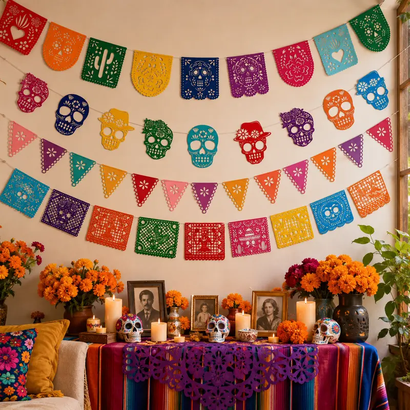 Bandeirolas mexicanas de papel picado para o Día de los Muertos, com caveiras coloridas e detalhes de cacto, leves, para decorar altar, parede ou janela (uso recreativo em ambientes internos)