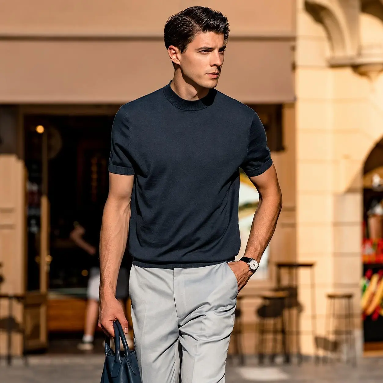 Men's 100% Merino Wool Mock-Neck Knit T-Shirt, Soft Breathable Daily Commute Base Layer, Cold-Wash Compatible