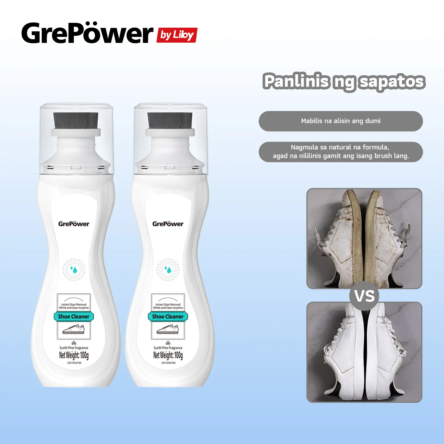 【Grepower by liby】Panlinis ng puting sapatos – nililinis ang sapatos nang hindi nasisira ang ibabaw1 bote, tinatanggal ang mantsa at pagkadilaw, hindi na kailangang labhan, punas lang at agad na itong kikinang na parang bago-D