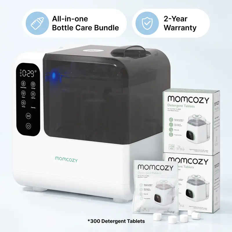 Momcozy DeepClean D8 Flaschenreiniger, Sterilisator und Trockner mit 300 Reinigungstabs, Präzisionsreinigung, Platz für 8 Flaschen, rotierende Düsen für schwer erreichbare Pumpenteile, TargetWash-Technologie und Selbstreinigung
