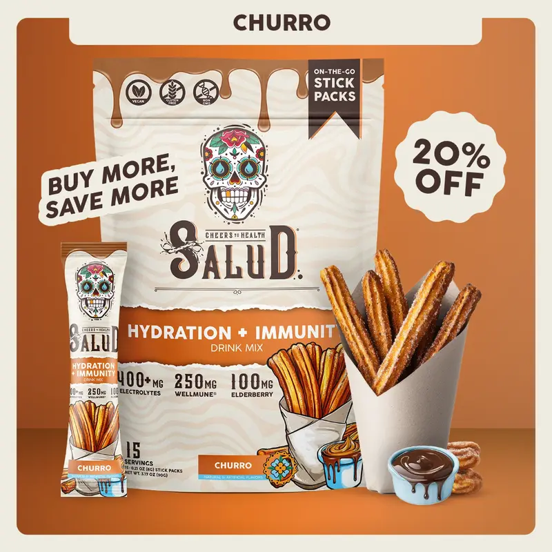 Salud 2-in-1 [Hydration + Immunity - Churro] Electrolytes Powder, Agua Fresca Drink Mix, Elderberry, Dairy & Soy Free, Non-GMO, Gluten Free, Vegan, Low Calorie, 1g Sugar (15 Servings)