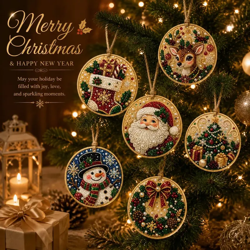 Christmas DIY Resin Diamond Painting Ornament Kit, 6 or 12 Pieces, Handmade Tree Hanging Decorations