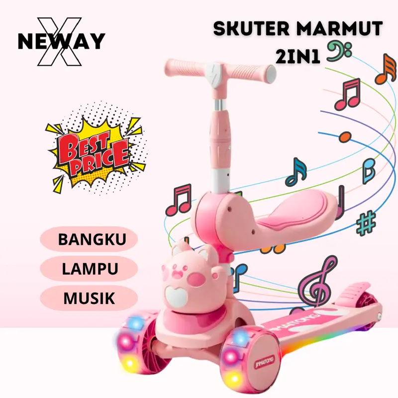 NewayX Skuter Mainan Anak Marmut Love 2 in 1 Scooter Lipat 2in1 Duduk Roda Tiga Musik Lampu Rem Toys