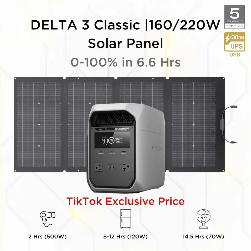 ECOFLOW DELTA 3 Classic Portable Solar Power Generator, LiFePO4 Battery Power Station (160/220W Panel optional), 1800W AC Output, 100W USB-C Output, Charging Capability, Solar Power Generators [Super Brand Day]