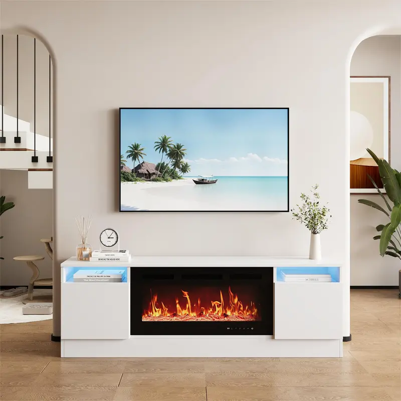 収納キャビネット・テレビ取付板付き モダンな長方形リビング用テレビボード、55インチまでのテレビ・36インチまでの電気暖炉に対応