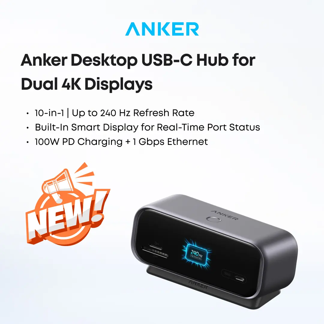 Anker USB-C-Desktop-Hub mit Smart-Display – 10-in-1, 240 Hz, kompakt, PD 3.0 mit 100 W, Portstatus in Echtzeit, Hub mit branchenführender hoher Bildwiederholrate für Gaming-Nutzer