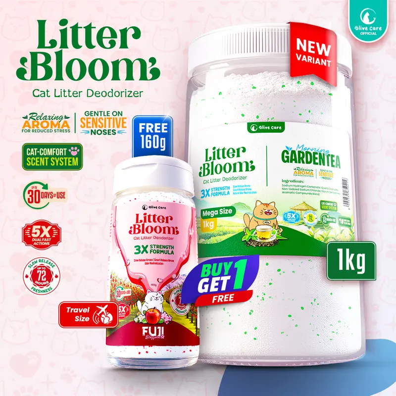 Olive Care LITTER BLOOM Cat Litter Deodorizer, 1 KG Mega Size, Fresh Scent Up to 72 Hours, Slow & Smart Release Aroma Technology