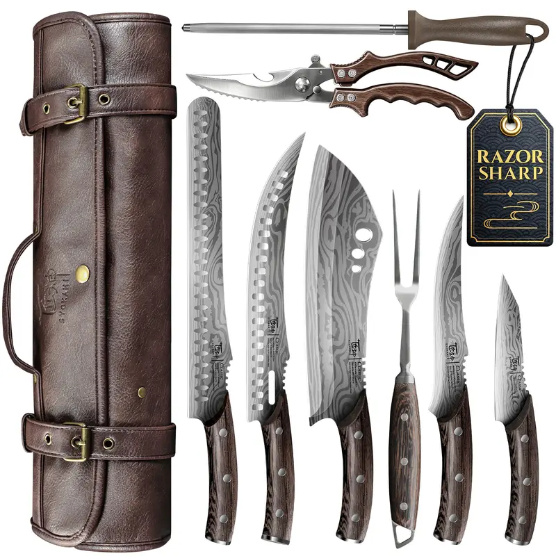 SYOKAMI 9-Piece Stainless Steel Butcher Knife Set with Portable Leather Roll for Meat Prep, BBQ and Camping