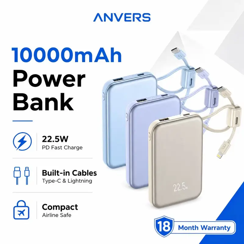 Anvers 10000 mAh 22.5 W Fast-Charging Power Bank with Built-In USB-C and Lightning Cables, CCC Certified