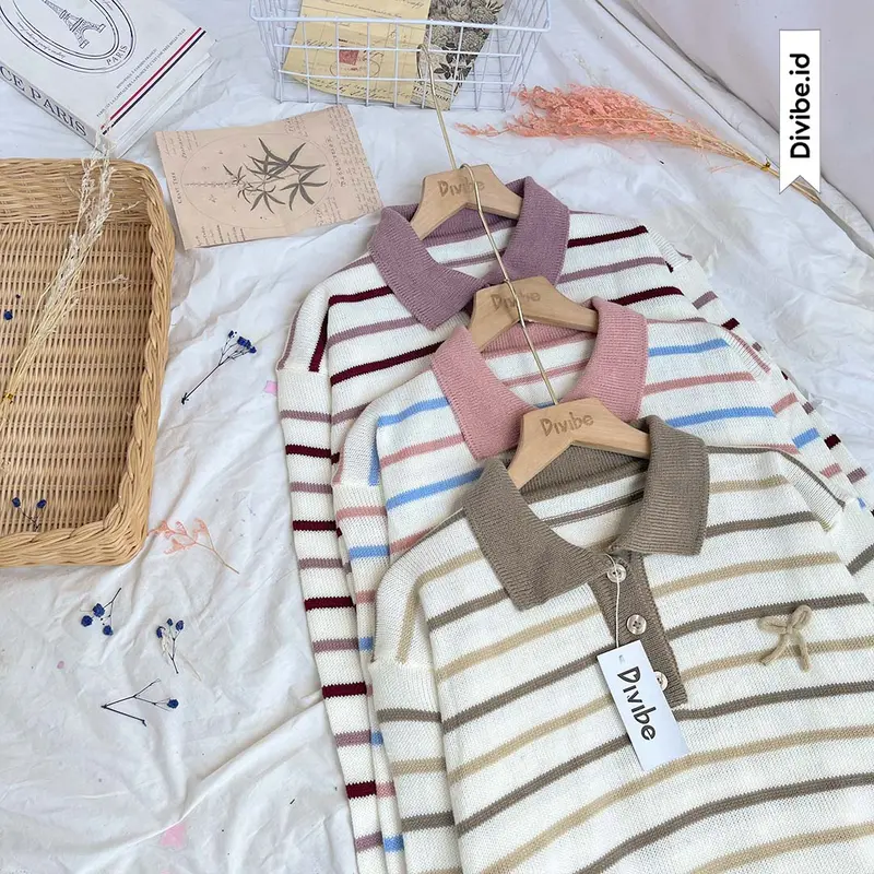 Viona Polo Sweater Knit - Rajut Atasan Wanita - Kancing Strip Pita