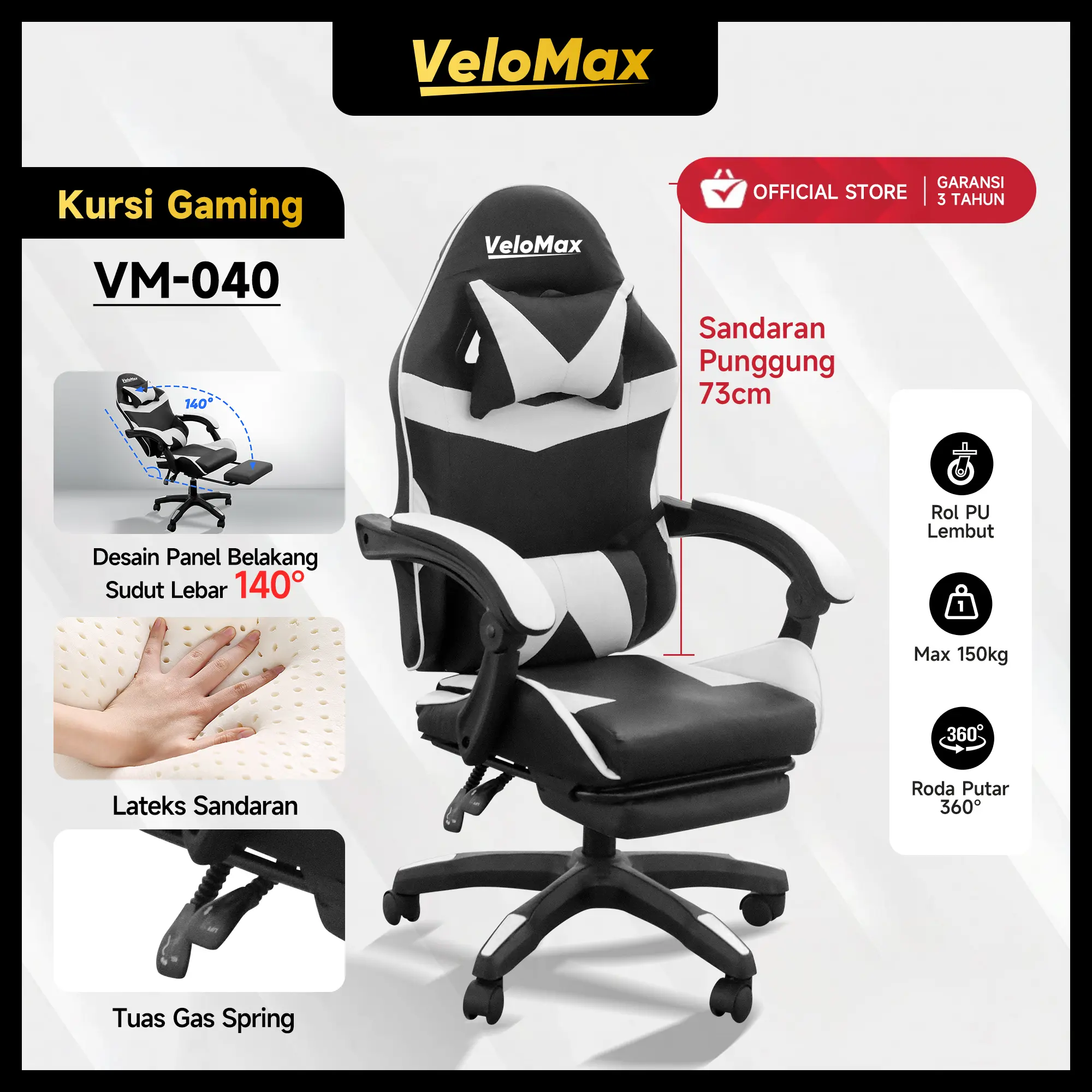 VeloMax Gaming Chair for Gaming, Work and Study with Breathable Material, PU Leather, Lumbar Support, Rotating Armrests, Casters and Hydraulic Height Adjustment